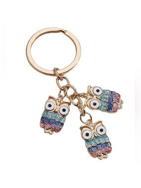 NEW Owl trio enamel key chain bag charm pastel colors and gold